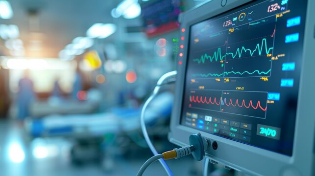 Close up view of vital signs displayed on a medical monitor for monitoring patient health
