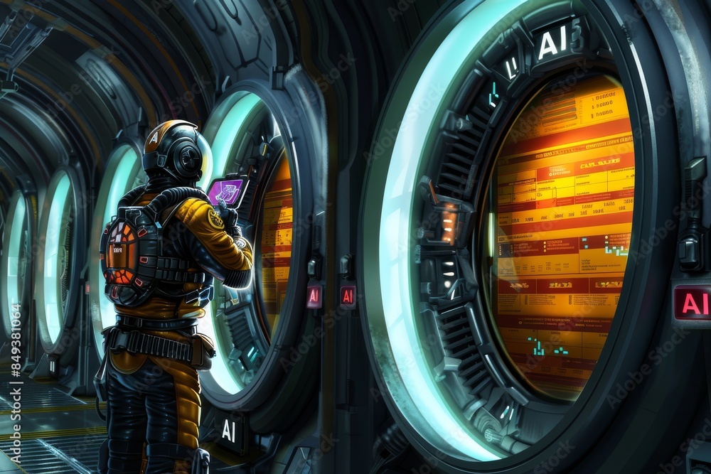 Poster futuristic astronaut interacting with ai elements, representing the role of artificial intelligence 