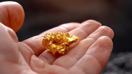 Gold nugget on on the plam of the hand, precious metal mining, investment opportunity