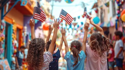 Children waving American flags during a festive street event, surrounded by colorful decorations and balloons. The scene is vibrant with community spirit.