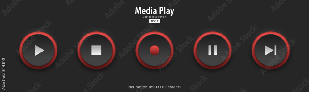 Poster play multimedia sign. a set of white buttons have blue neon lights with multimedia symbols. 3d neumo