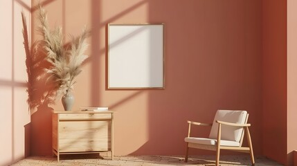 Room interior with mock up photo frame on brown bamboo shelf with beautiful plants, featuring vertical wood poster mockup , interior, room, mockup, photo frame, bamboo shelf, plants 
