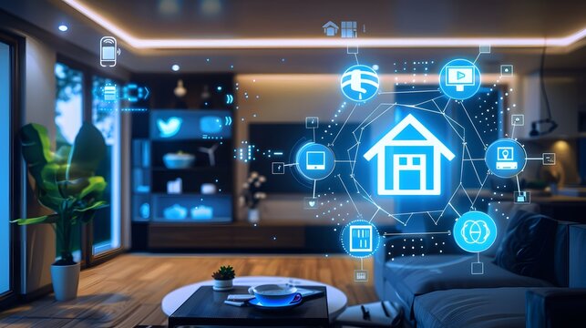 Futuristic smart home interiors showcase the Internet of Things (IoT) connectivity concept with networked devices and appliances.