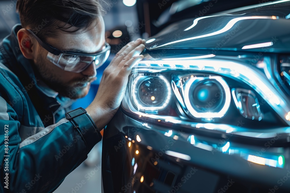 Poster mechanic installing new headlights on a car with precision and care for optimal performance