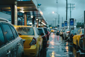 Obraz premium Busy Self-Service Car Wash Scene with People Cleaning Vehicles at Night Under Bright Lights
