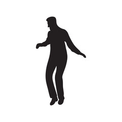Single man dancer dancing on the floor and learning ballroom latin dances - salsa, rumba, samba in black isolated on white background. Hand drawn vector silhouette illustration. Male in suit, vintage.