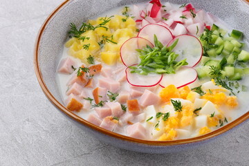 Traditional Russian summer cold soup okroshka with kefir in ceramic bowl on rustic wooden table