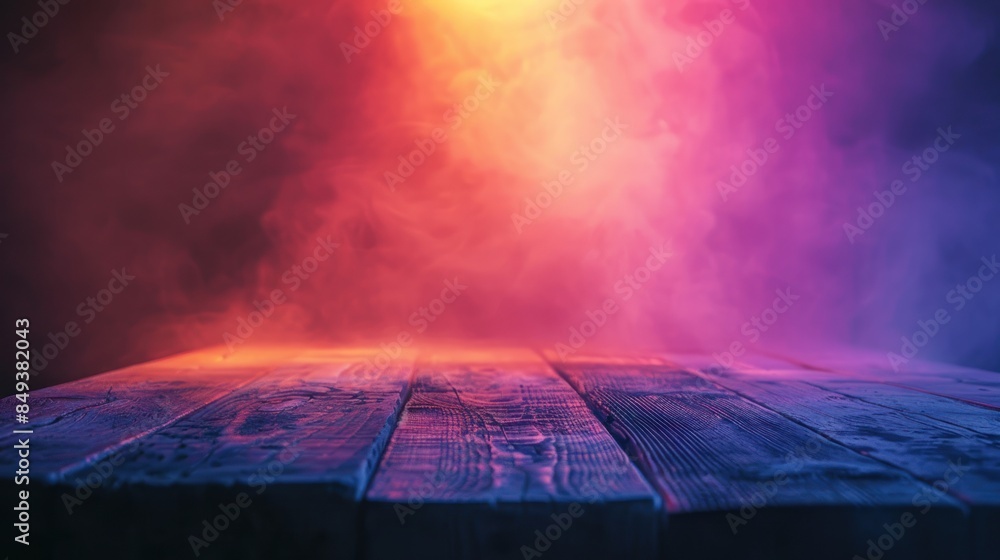 Poster empty wooden table with a soft neon light bokeh background,