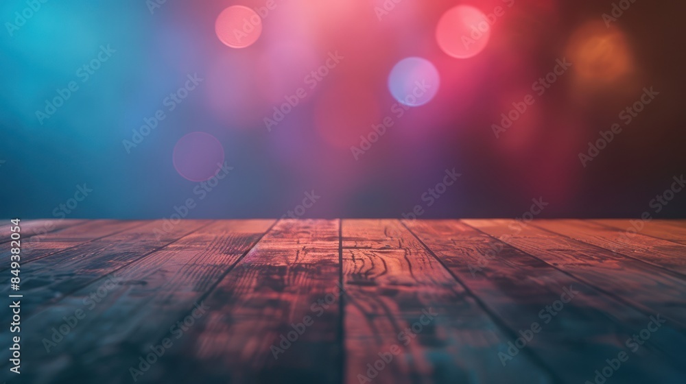Poster empty wooden table with a soft neon light bokeh background,