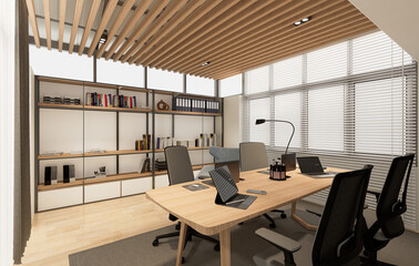 White and wooden office room with mockup blank canvas with computers on tables and white armchairs. Open space business room with bookshelves, wooden wall and floor, 3D rendering no people.