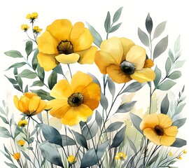 Watercolor Illustration of Yellow Poppies and Leaves