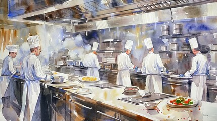 A watercolor painting of a busy restaurant kitchen scene with a team of chefs preparing food.