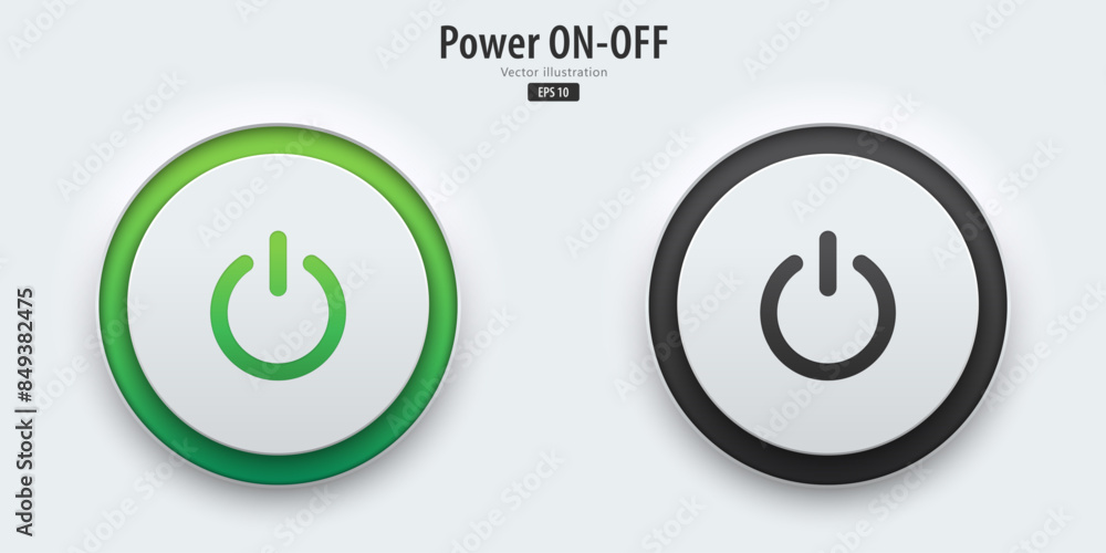 Poster Power icon. A set of active and inactive buttons have neon lights with Power symbols. 3D icon in trendy neumorphic style for apps, websites, interfaces. UI UX elements. Vector illustration.
