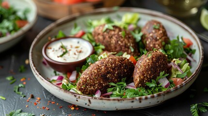 A detailed shot of a plate of kibbeh