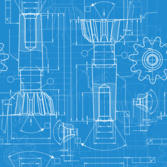 Mechanical engineering drawings on blue background. Tap tools, borer. Technical Design. Cover. Blueprint. Seamless pattern. Vector illustration.