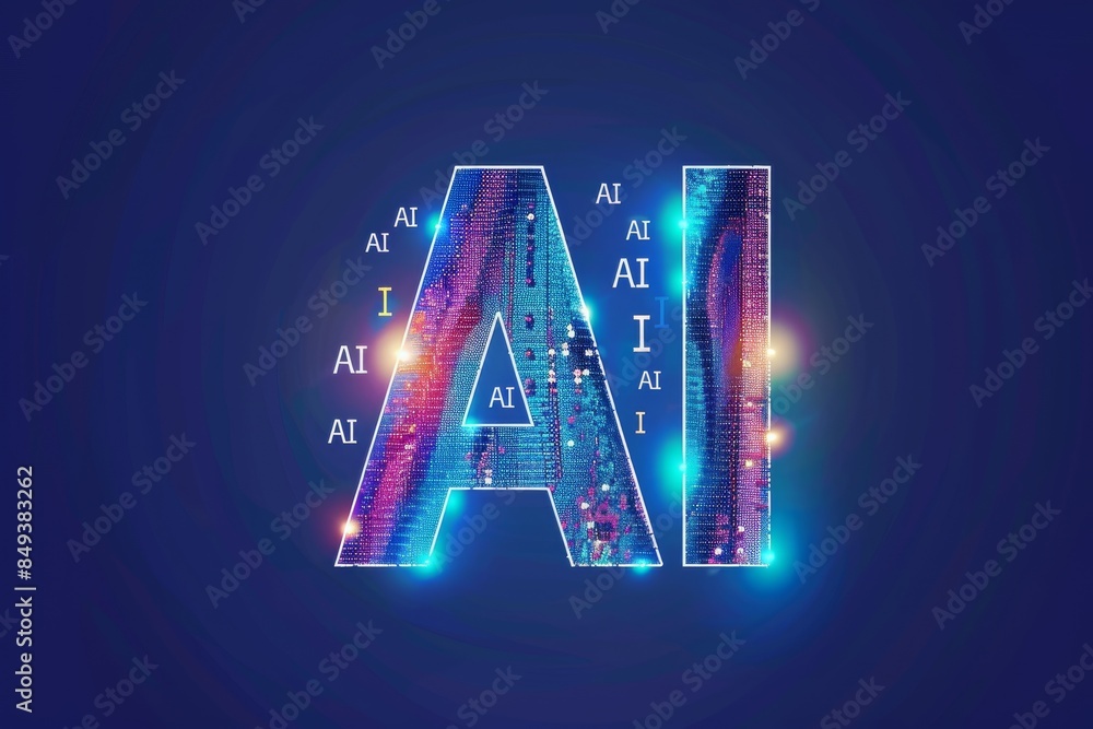 Poster glowing ai text in a futuristic environment, representing the power and innovation of artificial int