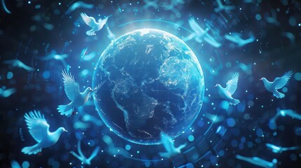 Fototapeta premium Blue glowing earth surrounded by white doves, symbolizing peace and unity.