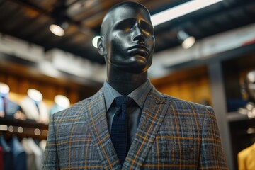 A mannequin dressed in a suit and tie displayed in a retail store