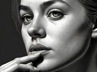 Obraz premium Line pencil drawing female face silhouette sharp shadows white background.