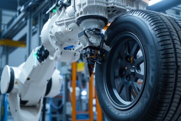 Fototapeta premium Advanced Tire Changing Robot in Action - Modern Auto Shop Technology for Efficient Tire Service