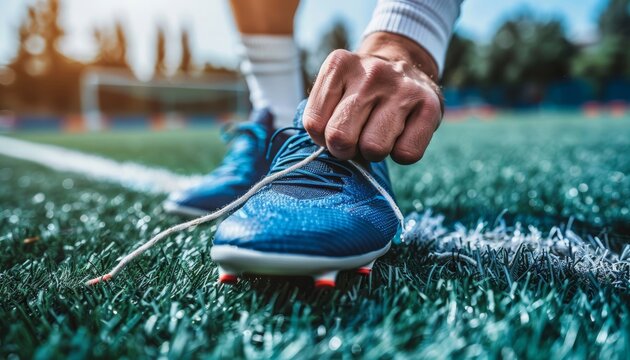 Close up of football player tying cleats in preparation for rigorous training session