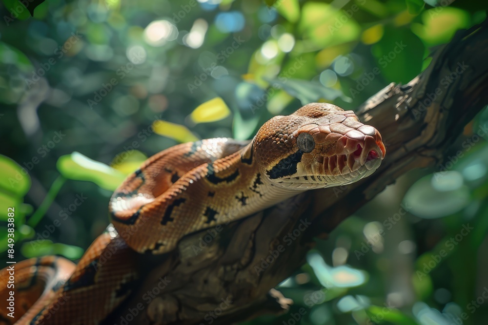 Poster A close-up view of a snake coiled on a tree branch, with leaves and twigs surrounding it