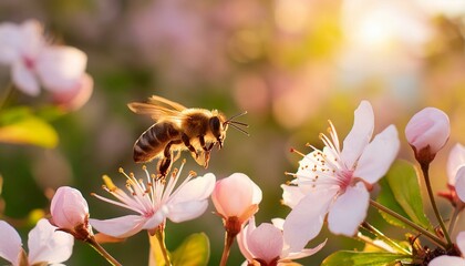 honey bee flying into pink flower 