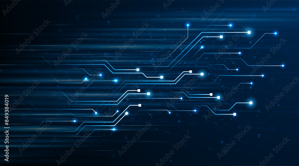 Aufkleber Blue glowing lines with glitter light effect on dark background. High speed internet technology concept or fast wireless data transmission. modern internet network connection technology background	