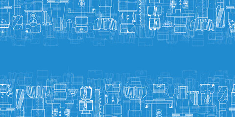 Mechanical engineering drawings on blue background. Tap tools, borer. Technical Design. Cover. Blueprint. Seamless pattern. Vector illustration.