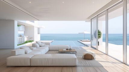 A luxury hotel There is a large living room with a swimming pool near the wooden balcony, next to the beach.