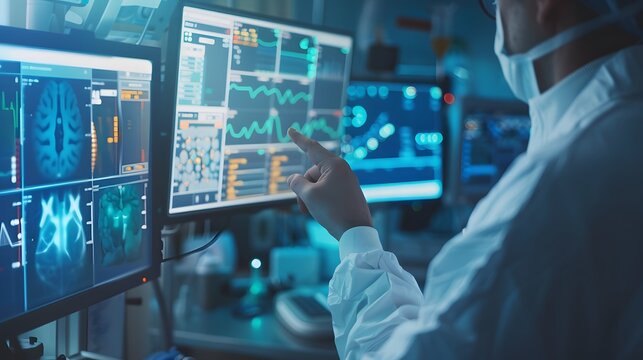 Male anesthesiologist pointing to vital activity data on a modern monitor system in the operation room. Selective focus.