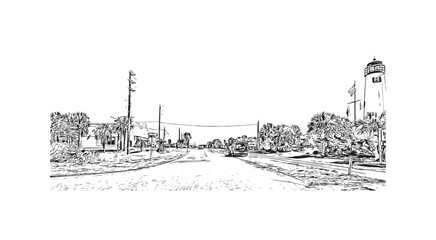 Obraz premium Print Building view with landmark of St. George Island is the island in Florida. Hand drawn sketch illustration in vector.