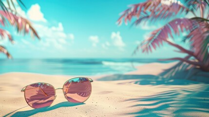 A pair of sunglasses rests on the beach
