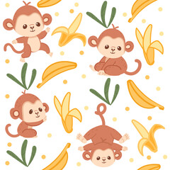 Seamless pattern cute small monkey with banana cartoon animal design vector illustration on white background
