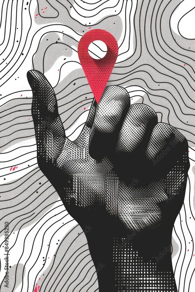 Poster a person's hand holding a red marker, pointing to a location on a map