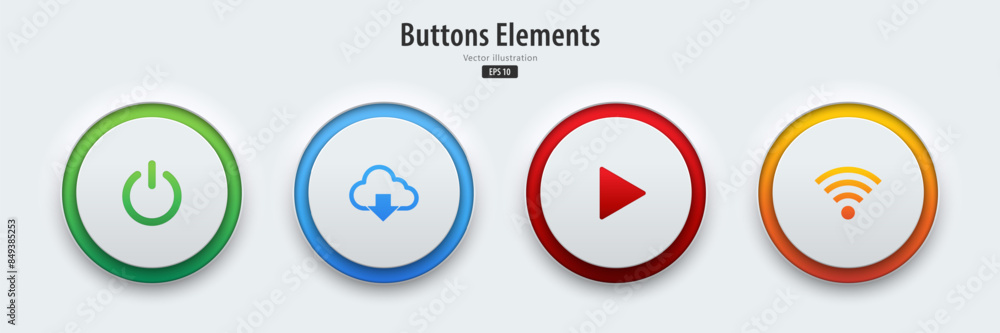 Poster a set of white buttons have neon lights with power, play, download and wireless symbols. 3d icon in 