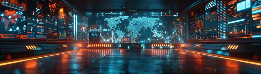 Obraz premium Futuristic cyberpunk city with glowing screens and world map.