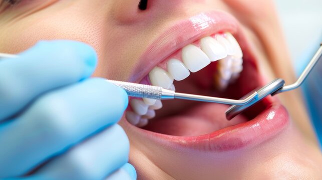 Dentist closely examining and working on patient s teeth during dental procedure
