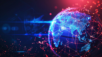 Futuristic digital globe with vibrant blue and red lights, representing global connectivity and technological advancement, ideal for tech and network-related themes