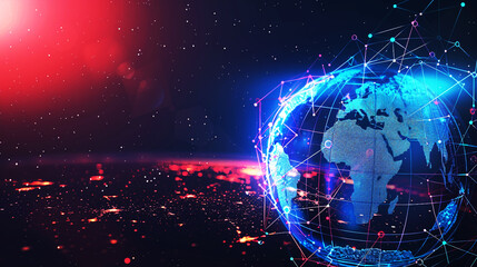 Fototapeta premium Futuristic digital globe with vibrant blue and red lights, representing global connectivity and technological advancement, ideal for tech and network-related themes