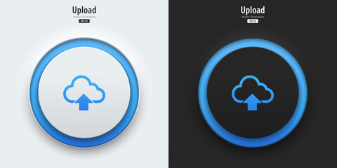 Upload icon. A set of black and white buttons have blue neon lights with upload symbols. 3D icon in trendy neumorphic style for apps, websites, interfaces. UI UX elements. Vector illustration.