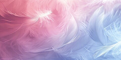 Fototapeta premium Close-up image of soft feathers in a blend of pink and blue hues, creating a dreamy texture.