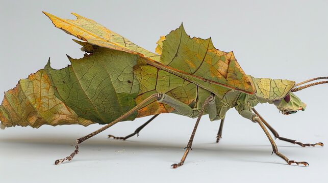 Leaf-mimicking katydid, a master of disguise, perfectly camouflaged as a leaf, a true marvel of nature's artistry.