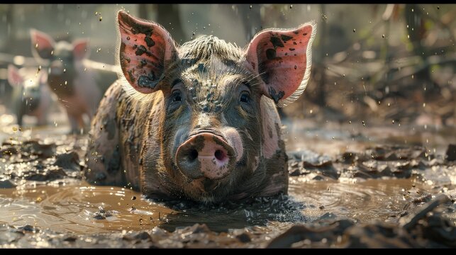 Little cute pig taking a mud bath on a sunny day on the farm