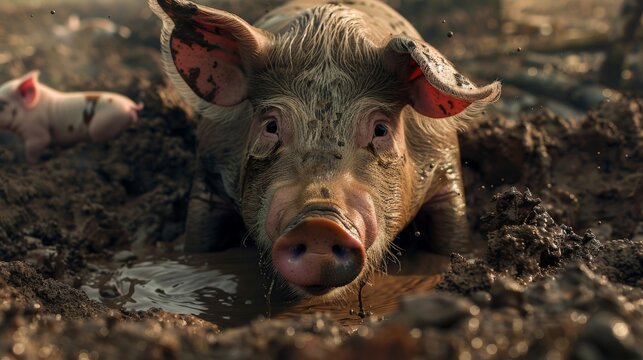 Little cute piglet taking mud bath