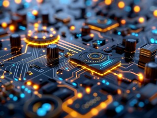a close - up of a circuit board featuring a blue clock and a yellow light