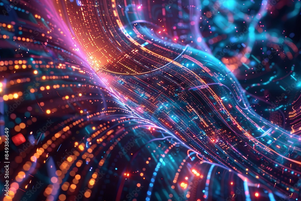 Fototapete A dynamic, abstract visualization of big data, showcasing the flow of information through complex graphs and digital interfaces representing AI data processing. Generative AI