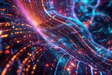 A dynamic, abstract visualization of big data, showcasing the flow of information through complex graphs and digital interfaces representing AI data processing. Generative AI