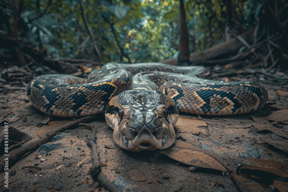 Poster a snake is lying on the forest floor, blending in with its surroundings