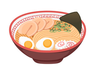 Traditional Japanese Ramen soup in bowl tasty food with eggs meat and noodles vector illustration isolated on white background